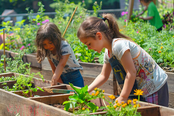 kids at a community garden, tending to their plants and flowers with enthusiasm. planting, and enjoy