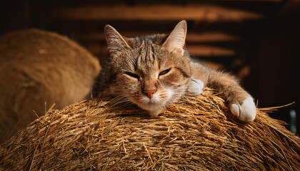 Wall Mural - Cat Napping on Hay Bale in Barn