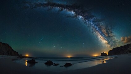 Sticker - An ultra-wide view of a serene beach at night with the Milky Way arching over a rugged peninsula.