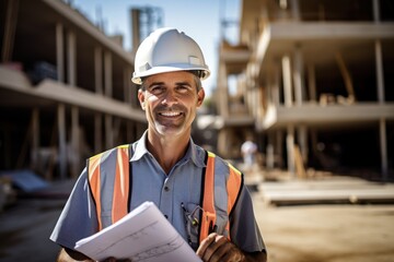 Wall Mural - A construction engineer in a hard hat works hard at a busy construction site.