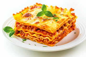 Lasagne isolated on white background. Piece of lasagna with bolognese sauce on plate. Italian cuisine