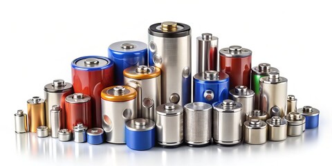 Assorted batteries in various sizes, from small button cells to large industrial units, arranged on a white background