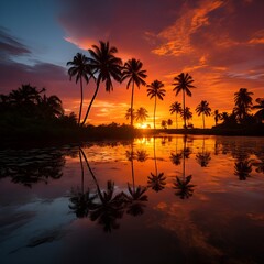 Poster - a sunset over a body of water with palm trees in night.