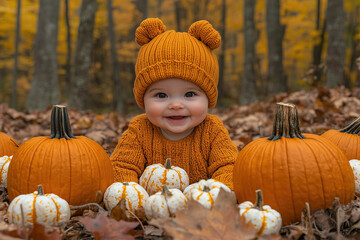 Baby girl with pumpkins, haalloween