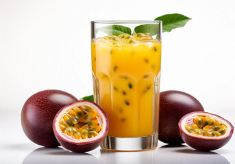 Wall Mural - Fresh passion fruits juice in glass with fresh Passion Fruits isolated on white background. passion fruits cocktail 