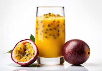 Wall Mural - Fresh passion fruits juice in glass with fresh Passion Fruits isolated on white background. passion fruits cocktail 