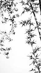 Poster - Black Ink Painting of Bamboo and Tree Branches on White Background