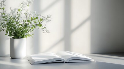 Poster - White Flowers in a Vase Beside an Open Book on a White Table