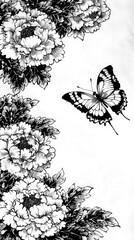 Wall Mural - Black and White Floral Design with Butterfly