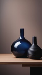 Two vases side by side slender blue with smooth finish and shorter black with textured surface on wooden table against neutral background.