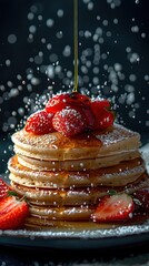 Wall Mural - pancakes with maple syrup, strawberries and exploding strawberry dust, black background, studio lighting