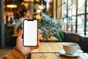 Mockup, woman's hand holding using mobile phone at coffee shop with copy space, white blank screen for text, mobile app design and advertising, online marketing