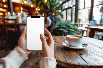 Mockup, woman's hand holding using mobile phone at coffee shop with copy space, white blank screen for text, mobile app design and advertising, online marketing