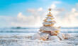 © Наталья Лазарева - Seashell Christmas tree on a sandy beach under a bright sky captures the essence of a coastal holiday, perfect for festive promotions and travel-themed designs