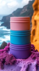 Poster - A stack of three containers of different colors, with the top one being pink