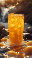 Wall Mural - A glass of orange juice with ice cubes in it is splashing water on a rock