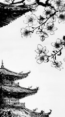 Poster - Traditional Japanese Pagoda and Cherry Blossom Branch in Black Ink Illustration