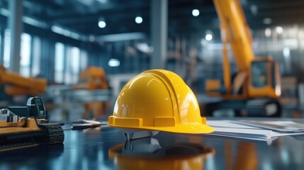 Develop an engaging 3D visualization featuring a close up of a yellow safety helmet positioned on a table surrounded by construction equipment. with copy space