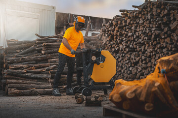 Man working on circular saw for firewood. Sawing firewood for space heating with an electric circular saw. Log saw.