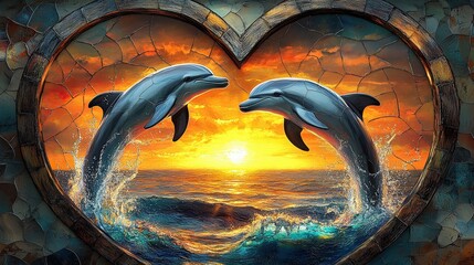 Wall Mural - Stained glass: A pair of dolphins jumping over ocean waves, 3D stereo, heart-shaped frame, oceanic theme, realistic rendering, sunset over the sea background.