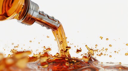 Wall Mural - golden liquid pouring into a pool with splashes and droplets against a white background.