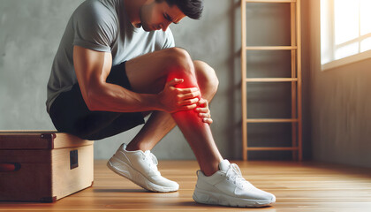 handsome young man feeling leg pain. concept of leg pain or cramps.