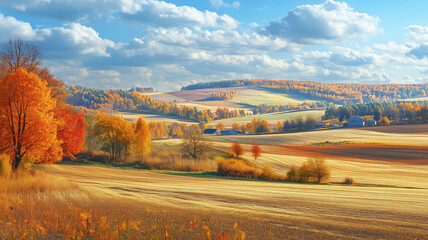 Wall Mural - Wonderful landscape during autumn, sunny rural panoramic view. Countryside scenery. Typical autumn colors. Wonderful landscape during fall season, typical orange, brown automn colors. Tranquil scenery