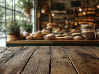 A rustic wooden table stands in the foreground while a variety of freshly baked pastries and breads are displayed in a warm, inviting bakery atmosphere filled with natural light.