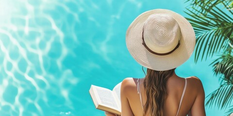 A woman is sitting in a pool with a book in her hand