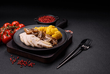 Asian dish with sliced chicken fillet, buckwheat noodles, soy sauce