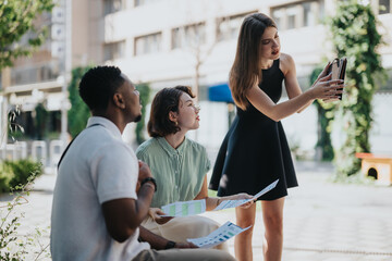 Wall Mural - Multicultural businesspeople in outdoor meeting discussing plans and strategies with a digital tablet in a city environment.