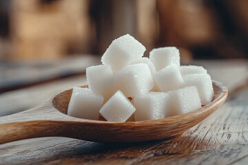 White sugar cubes in a wooden spoon. This photo can be used to represent sweetness, indulgence, or unhealthy eating habits.