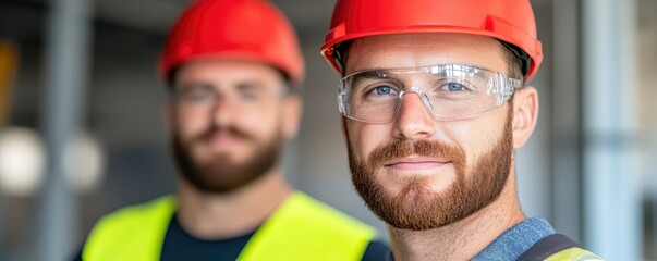 A construction worker, a man, boldly looks at the camera while carrying a plan and donning a safety vest, protective glasses, and a red hard helmet.