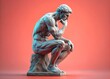 © Diana - A detailed sculpture of a man in the classic 'Thinker' pose, symbolizing deep thought, philosophy, and contemplation, set against a vibrant orange background. Сopy space
