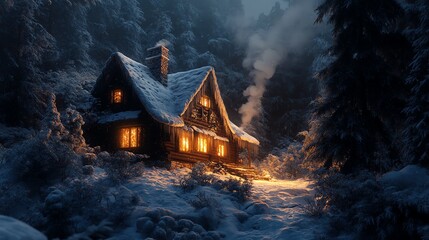 A cozy cabin nestled in a snowy forest, with warm light glowing from the windows. The scene is peaceful and inviting, perfect for a winter escape.