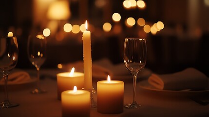 Wall Mural - A single candle burns brightly in the darkness, casting a warm glow on the wooden table.