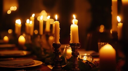 Wall Mural - A single candle burns brightly in the darkness, casting a warm glow on the wooden table.