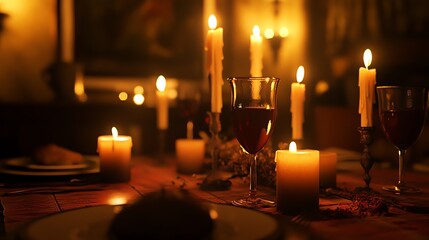 Wall Mural - A single candle burns brightly in the darkness, casting a warm glow on the wooden table.