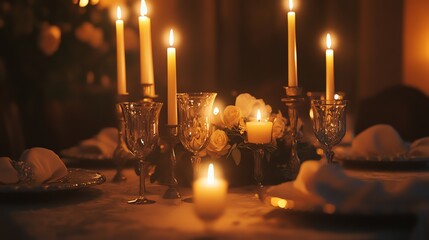 Wall Mural - A warm and inviting scene of candlelight and floral arrangements. The soft glow of the candles creates a sense of peace and tranquility.
