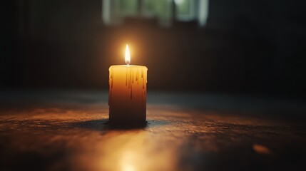 Wall Mural - A single candle burns brightly in the darkness, casting a warm glow on the wooden table.