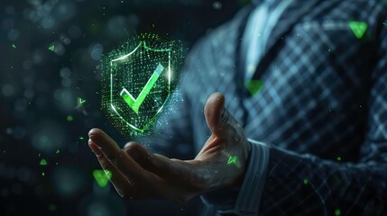 Canvas Print - Person holding a glowing green checkmark inside a shield, representing security and trust.