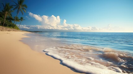 Beach with trees. Beach background with waves