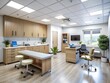 © Danicha - A well-organized medical clinic interior with various examination rooms, medical equipment, and a reception desk,