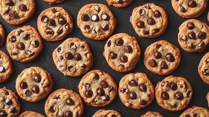 A close-up shot of freshly baked chocolate chip cookies on a baking sheet. The cookies are golden brown and have a soft, chewy texture.