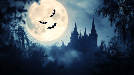 Wall Mural - A spooky silhouette of a castle stands tall against a backdrop of a full moon and a starry night sky.