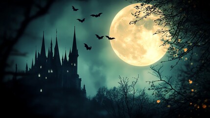 Wall Mural - A spooky silhouette of a castle stands tall against a backdrop of a full moon and a starry night sky.