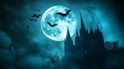 Wall Mural - A spooky silhouette of a castle stands tall against a backdrop of a full moon and a starry night sky.