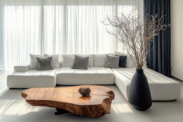 modern minimalist living room interior, white sectional sofa with grey accent pillows, wooden live-edge coffee table, sheer window curtains, decorative dried branches in vase, bright natural lighting,