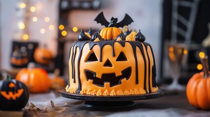 Wall Mural - Halloween pumpkin cake with background studio light stock photo