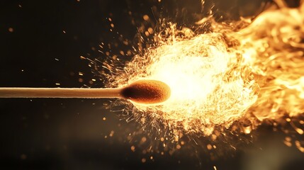 Wall Mural - A close-up shot of a matchstick burning brightly, creating a fiery spectacle with sparks and flames.